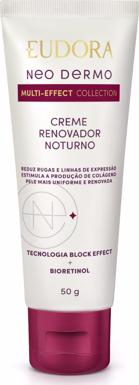Embalagem tubo do Creme renovador noturno da linha Neo Dermo da Eudora, em de 50g. Tampa dourada na parte inferior, rótulo com design dourado e vermelho no fundo branco, destacando tecnologia Block Effect e bioretinol.