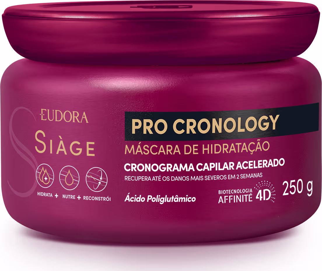 Pote de máscara de hidratação da linha Pro Cronology da Eudora Siàge, com embalagem de cor rosa escura e rótulo destacando o cronograma capilar acelerado e a tecnologia Affinity 4D.