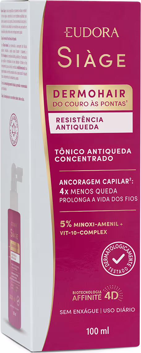A imagem mostra a caixa do Tônico capilar Siàge Dermo Hair Resistência Antiqueda.