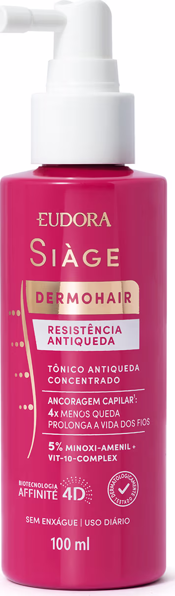 Frasco de 100 ml do produto Siàge Dermohair da Eudora, com bomba dosadora branca. O frasco possui cor rosa vibrante e rótulo com informações sobre os benefícios do produto para a resistência e antiqueda capilar.