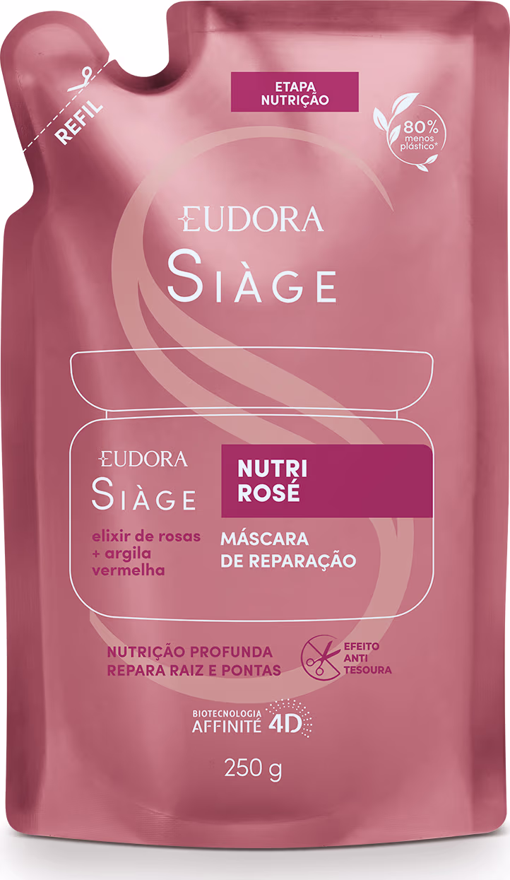 Embalagem flexível como um pacote de plástico rosé com detalhes em vermelho claro e branco e indicação de lugar para cortar com tesoura. No centro, um desenho da silhueta do pote original contém as informações do rótulo do refil em letras brancas.
