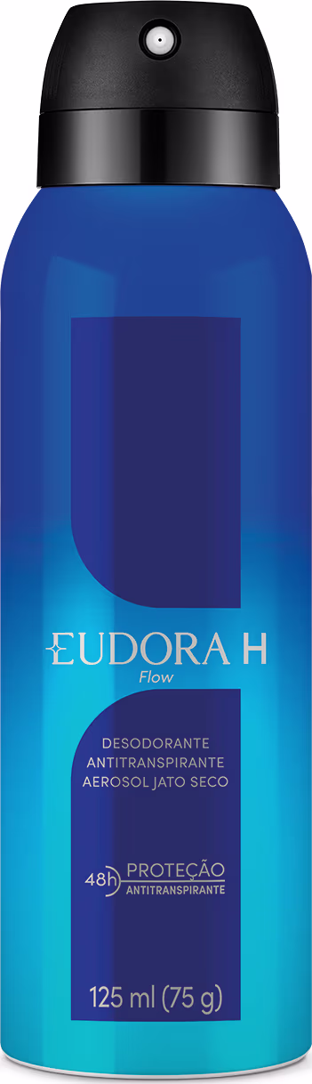 Embalagem metálica cilíndrica azul degradê com detalhes em azul marinho, preto e azul metalizado. Rótulo Eudora H Flow em letras prateadas. Parte superior preta com o bocal do aerossol.