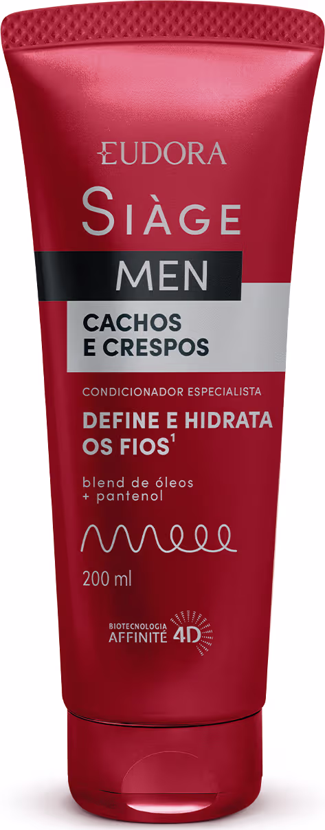 A imagem mostra um frasco vermelho de condicionador da linha Siàge Men da marca Eudora com capacidade de 200ml. O frasco tem os escritos em prateado com destaque para a biotecnologia Affinité 4D utilizada na formulação.