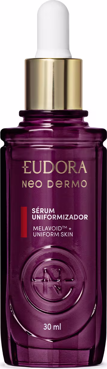 Frasco de vidro de cor roxa com conta-gotas dourado, contendo sérum uniformizador da marca Eudora Neo Dermo. O rótulo destaca o nome do produto e sua função de uniformizar a pele.
