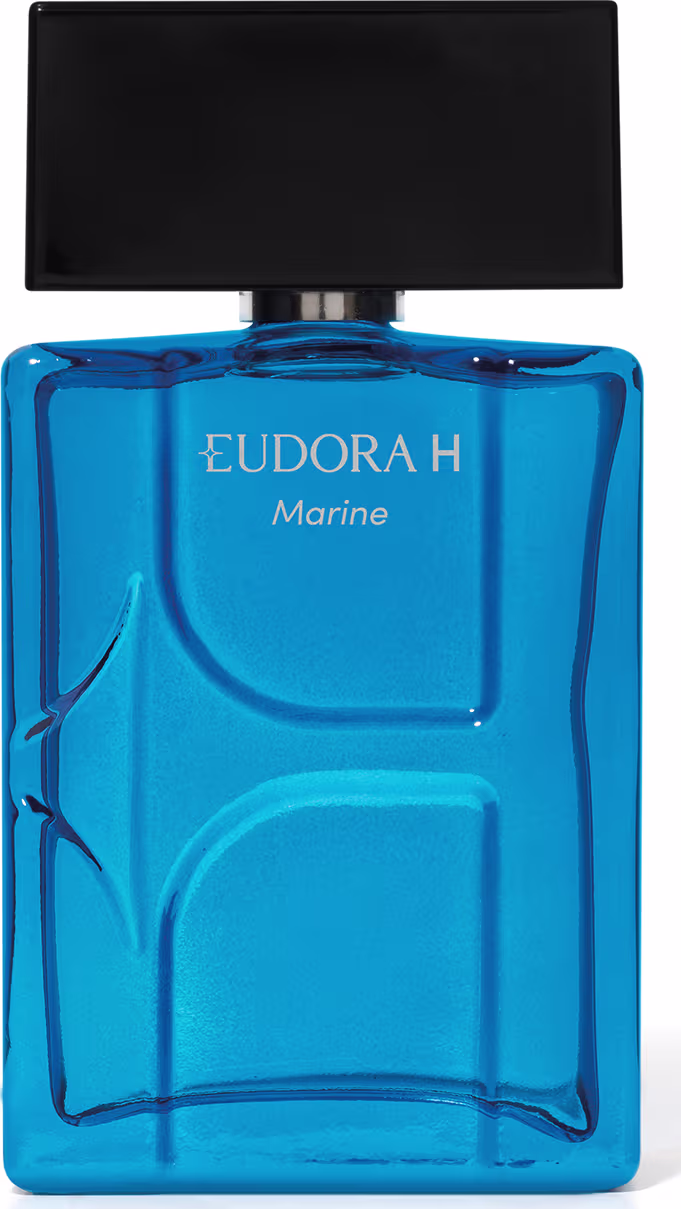 Frasco de perfume Eudora H Marine, com design moderno e predominância da cor azul, exibindo o nome da marca em destaque na embalagem.