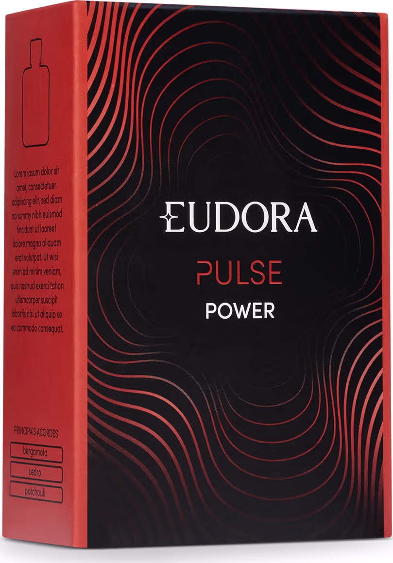 Embalagem do produto com um design gráfico preto e vermelho. O design da caixa possui linhas onduladas e curvas em tons de preto e vermelho, criando um padrão gráfico dinâmico.