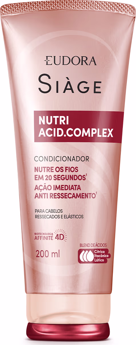 Frasco de condicionador Siàge Nutri Acid Complex, com embalagem tipo bisnaga, tampa na parte inferior. Embalagem rosa e detalhes em vermelho, contendo 200 ml do produto. O rótulo destaca os benefícios do complexo de ácidos como nutir em 20 segundos.