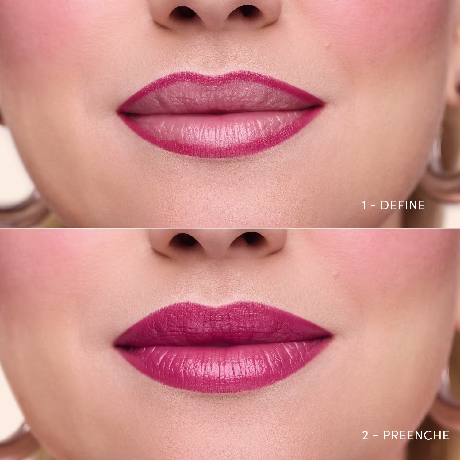 Imagens com foco na boca para demonstrar as características do produto. A primeira mostra o batom definindo os lábios (1- DEFINE) e outra mostrando o batom preenchendo os lábios (2- PREENCHE). A cor predominante é rosa vibrante, com acabamento brilhoso.