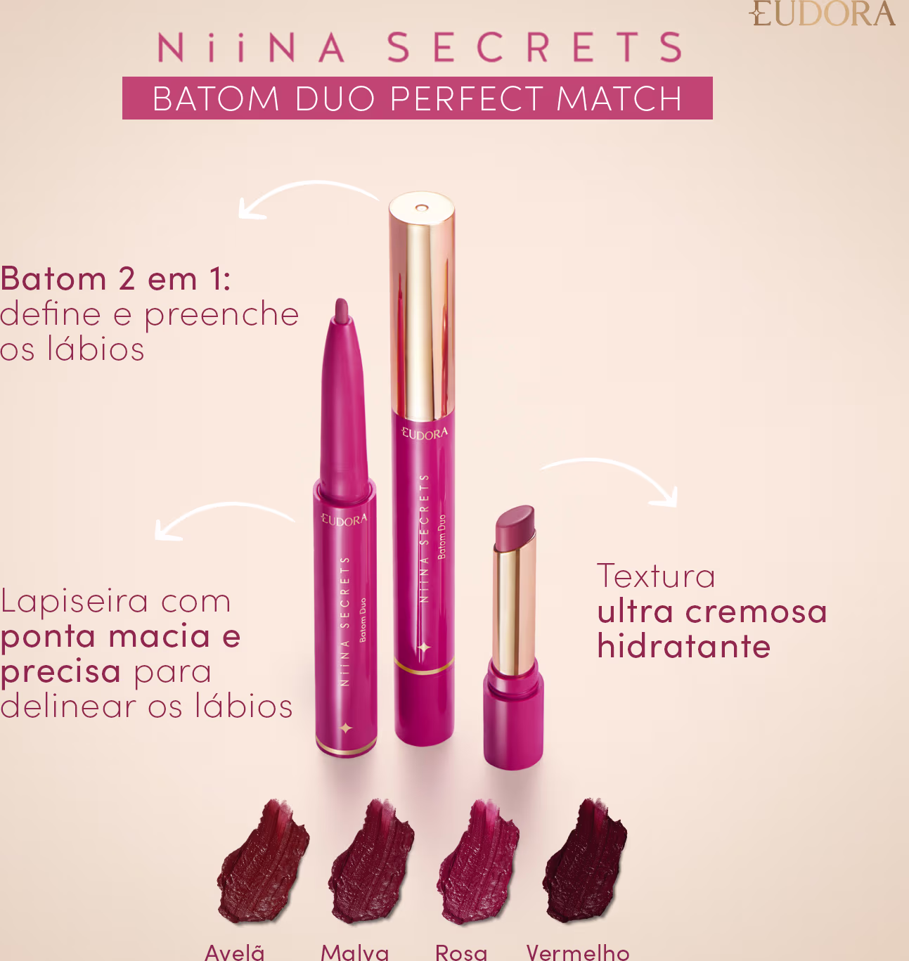 Card com texto escrito com setas do produto que dizem: Batom 2 em 1: define e preenche os lábios; Textura ultra cremosa hidratante; Lapiseira com ponta macia e precisa para delinear. Embaixo, possui a textura das 4 cores: avelã, malva, rosa e vermelho.