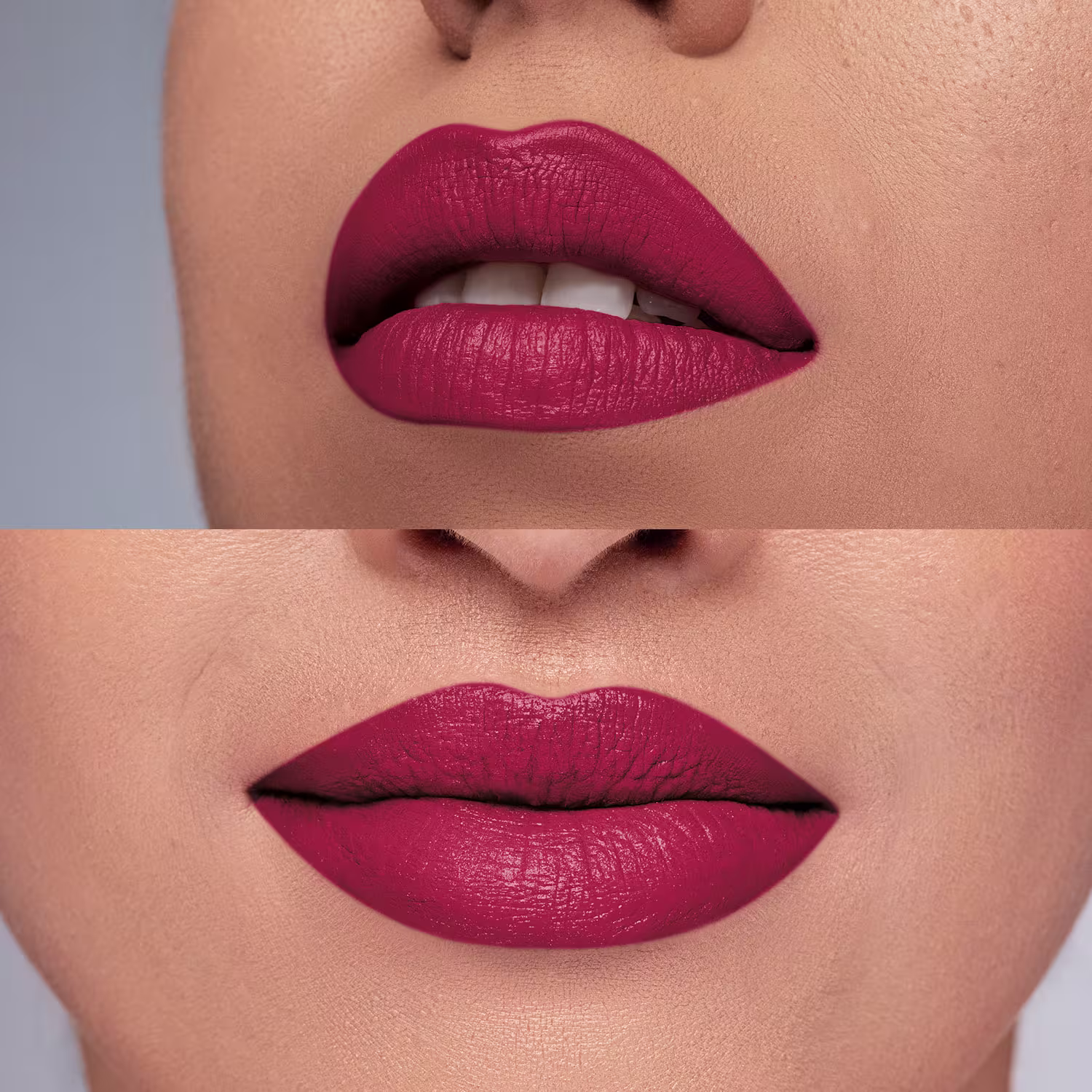 Batom aplicado nos lábios. A textura é aveludada e macia, com um acabamento fosco.