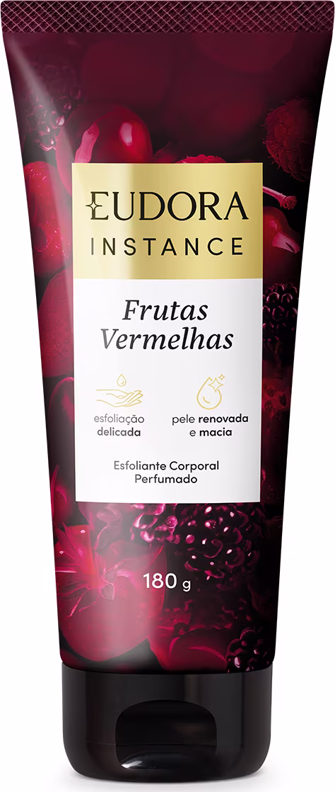 Tubo de esfoliante corporal perfumado da linha Instance da Eudora, com embalagem em tons de vermelho e dourado, destacando o nome do produto "Frutas Vermelhas".