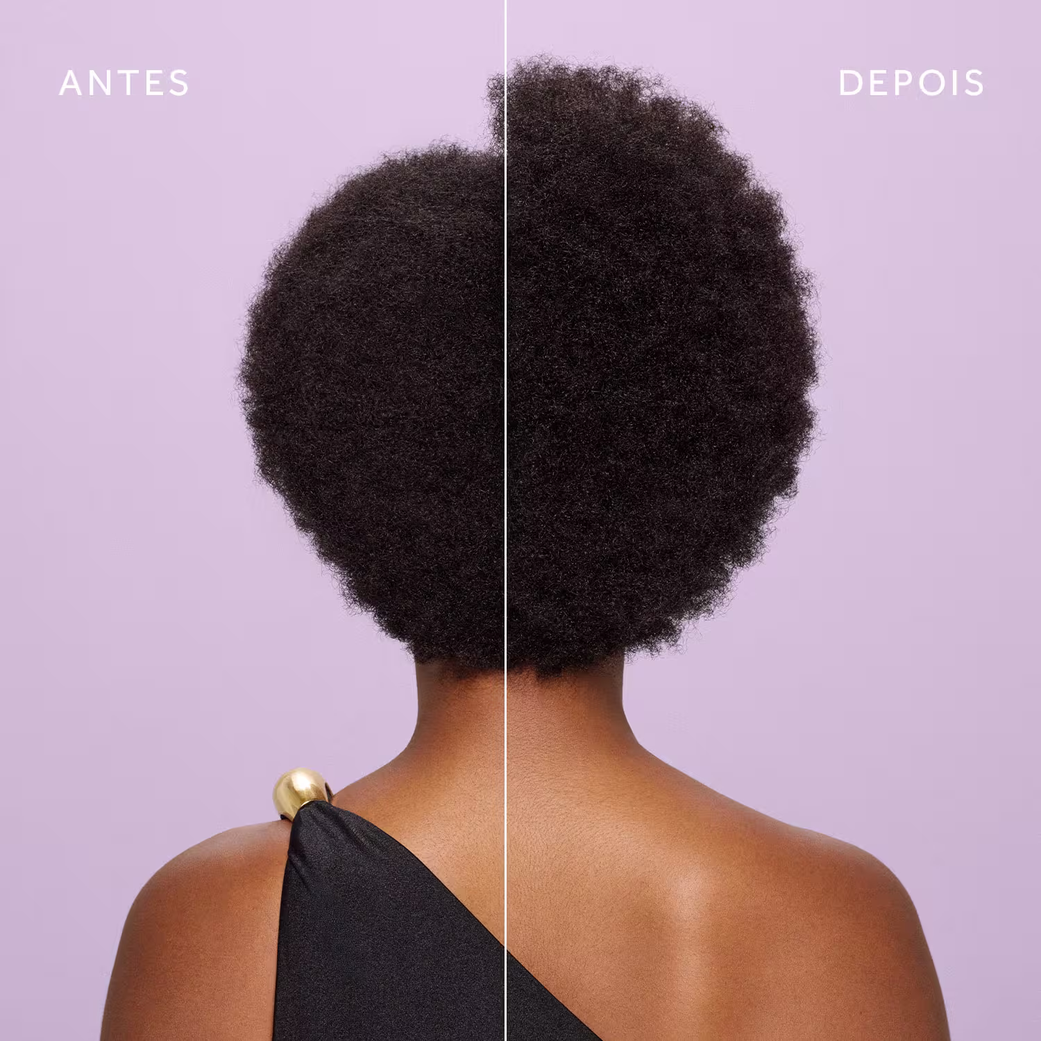 A imagem mostra o antes e depois do produto de Siàge. Na imagem à esquerda, vemos um cabelo crespo e menos volumoso. Na imagem à direita, o mesmo cabelo aparece mais definido e com mais volume.