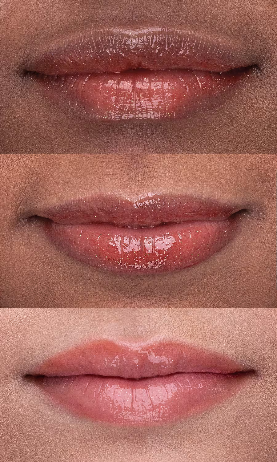 Imagem de 3 lábios femininos em close-up, com aplicação do gloss em diferentes tons de pele, branca, parda e negra mostrando que gloss atende aos três tons de pele, sendo mais rosado na pele branca e mais avermelhado na pele escura.
