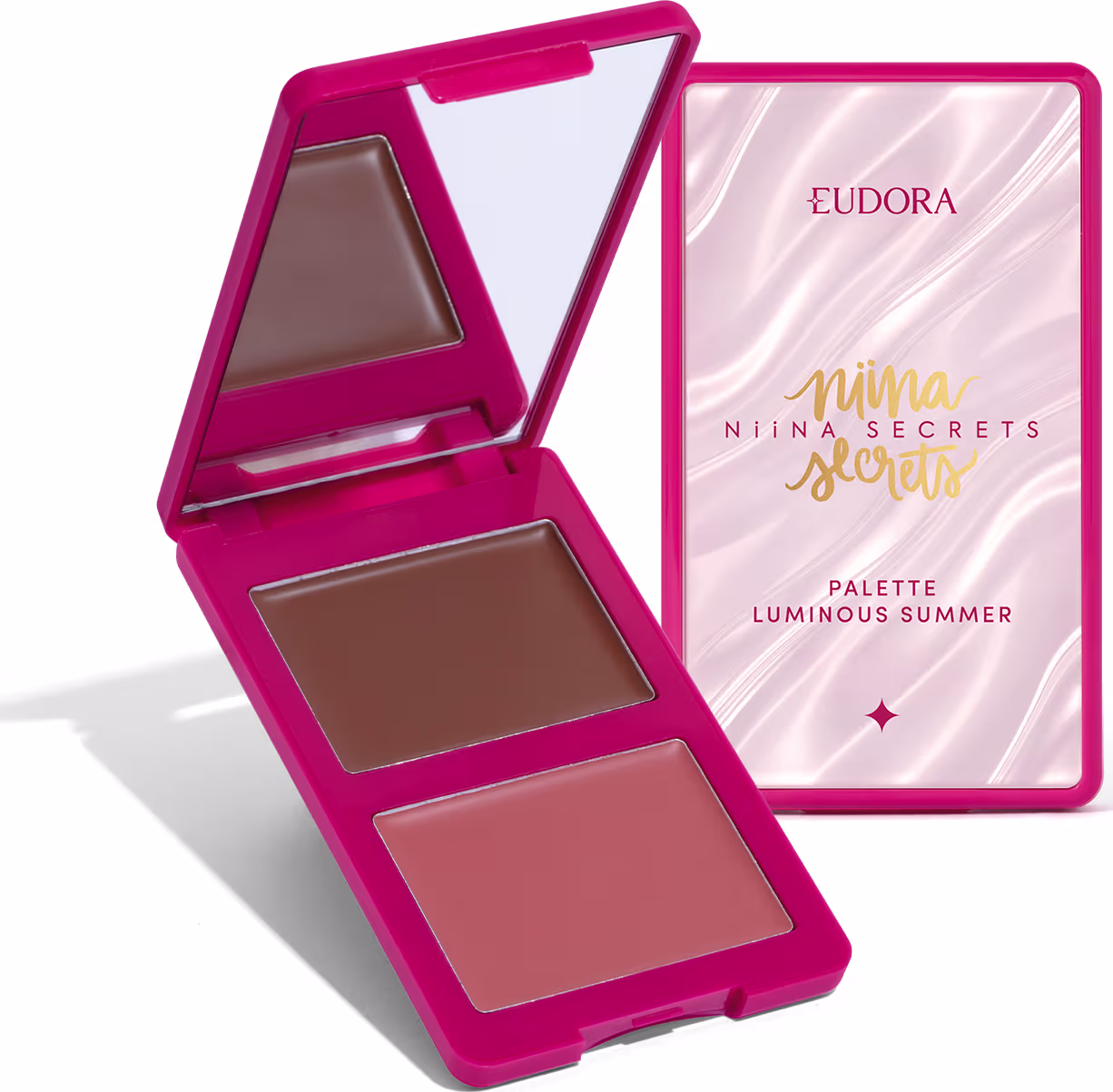 Paleta de maquiagem Luminous Summer da linha Niina Secrets da Eudora, em embalagem rosa com detalhes dourados, contendo dois tons de blush em tons rosados.