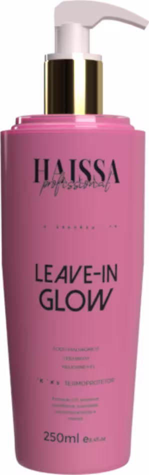 Frasco rosa com bomba doseadora dourada contendo o produto "Leave-in Glow" da marca Haissa Profissional, com informações sobre o produto impressas no rótulo.