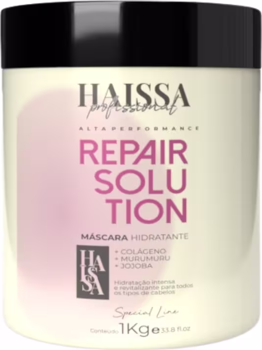 Pote plástico preto e branco da linha Repair Solution da marca Haissa Profissional, contendo 1kg de máscara hidratante para cabelos, com destaque para os ingredientes colágeno, murumuru e jojoba.