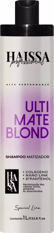 Frasco de shampoo Haissa Profissional da linha Ultimate Blond, com design preto e branco, contendo 1L de produto. O rótulo destaca o nome "Ultimate Blond" e menciona ingredientes como colágeno, nano-link e d'pantenol.