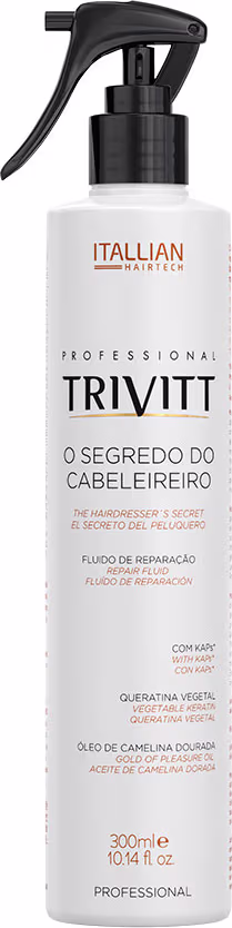 Produto de cuidados capilares da marca Itallian Hairtech. Embalagem em frasco plástico branco opaco com bomba dosadora preta. Rótulo com texto "O Segredo do Cabeleireiro". Informações sobre o fluido de reparação para cabelos. Capacidade de 300ml.