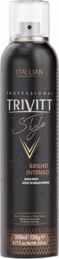 É um spray de brilho intenso para cabelos da marca Trivitt Style, linha profissional Itallian. O produto vem em uma lata aerossol preta de 200ml.