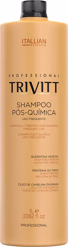 Shampoo pós-química da linha Trivitt. Embalagem plástica cilíndrica grande de cor bege. Tamanho de 1 litro.