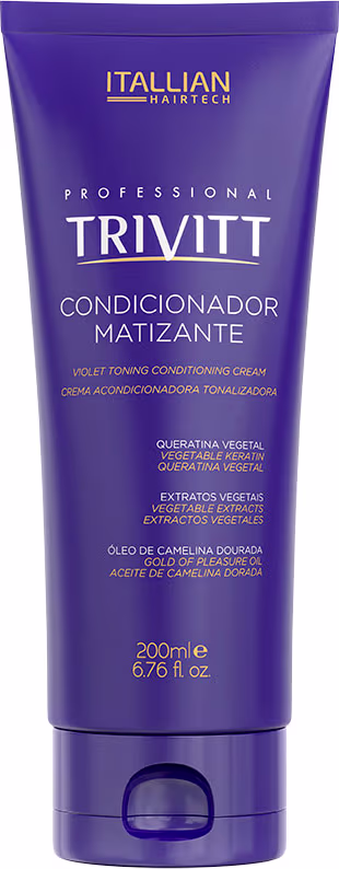 Condicionador matizante Trivitt da linha Professional da marca Itallian Hairtech. Embalagem plástica tubular de cor roxa intensa.