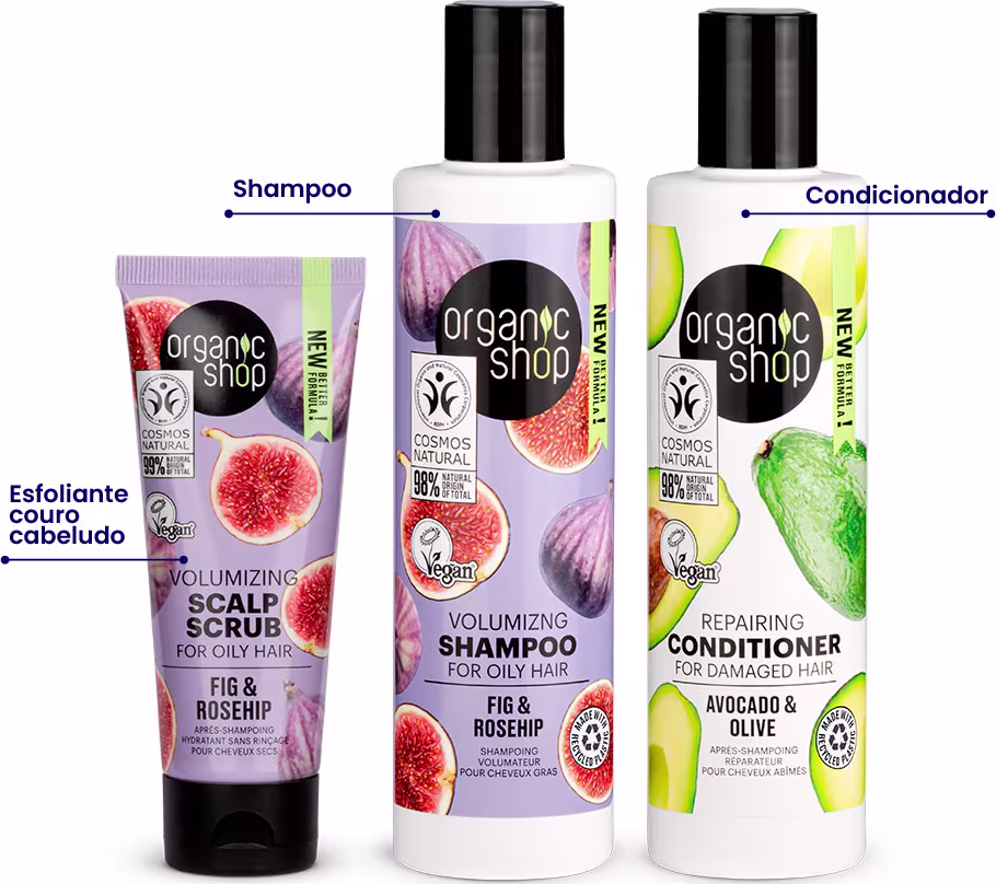 A imagem mostra um shampoo em frasco plástico branco com rótulo lilás e imagens de figo. Há um tubo lilás com o esfoliante capilar com o mesmo design do shampoo. Por fim, há um frasco branco com o condicionador e o rótulo com abacates espalhados.