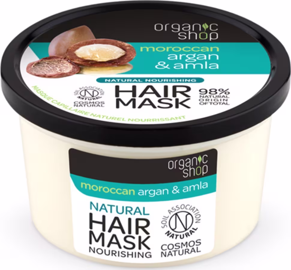 A imagem mostra uma máscara capilar em pote transparente com tampa preta e rótulo branco com detalhes em azul.