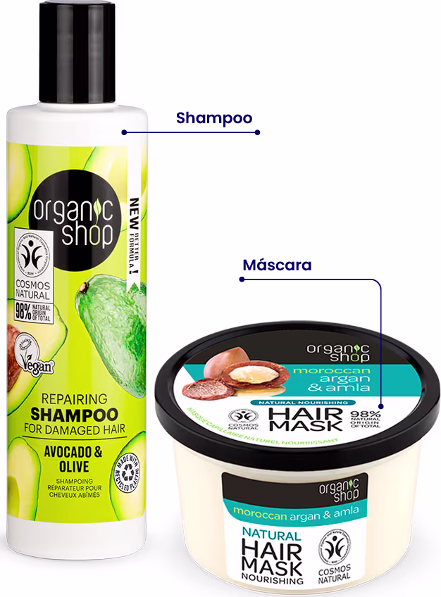 A imagem mostra um shampoo em frasco branco com tampa preta. O rótulo do shampoo é verde e traz abacates estampados. Ao lado uma máscara capilar em pote transparente com tampa preta e rótulo branco com detalhes em azul.