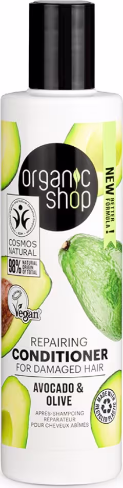 A imagem mostra o condicionador em frasco branco com tampa preta. O rótulo do condicionador é branco e traz abacates estampados.