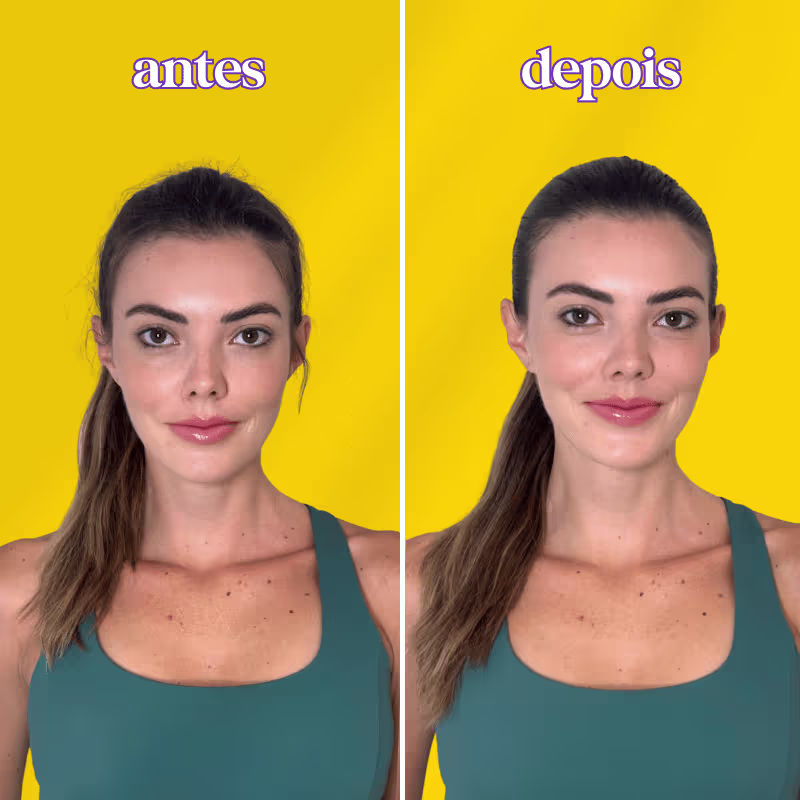 Imagem antes e depois de um tratamento de beleza da marca Virá Cosméticos, com fundo amarelo vibrante que destaca o rosto da modelo e sua transformação.