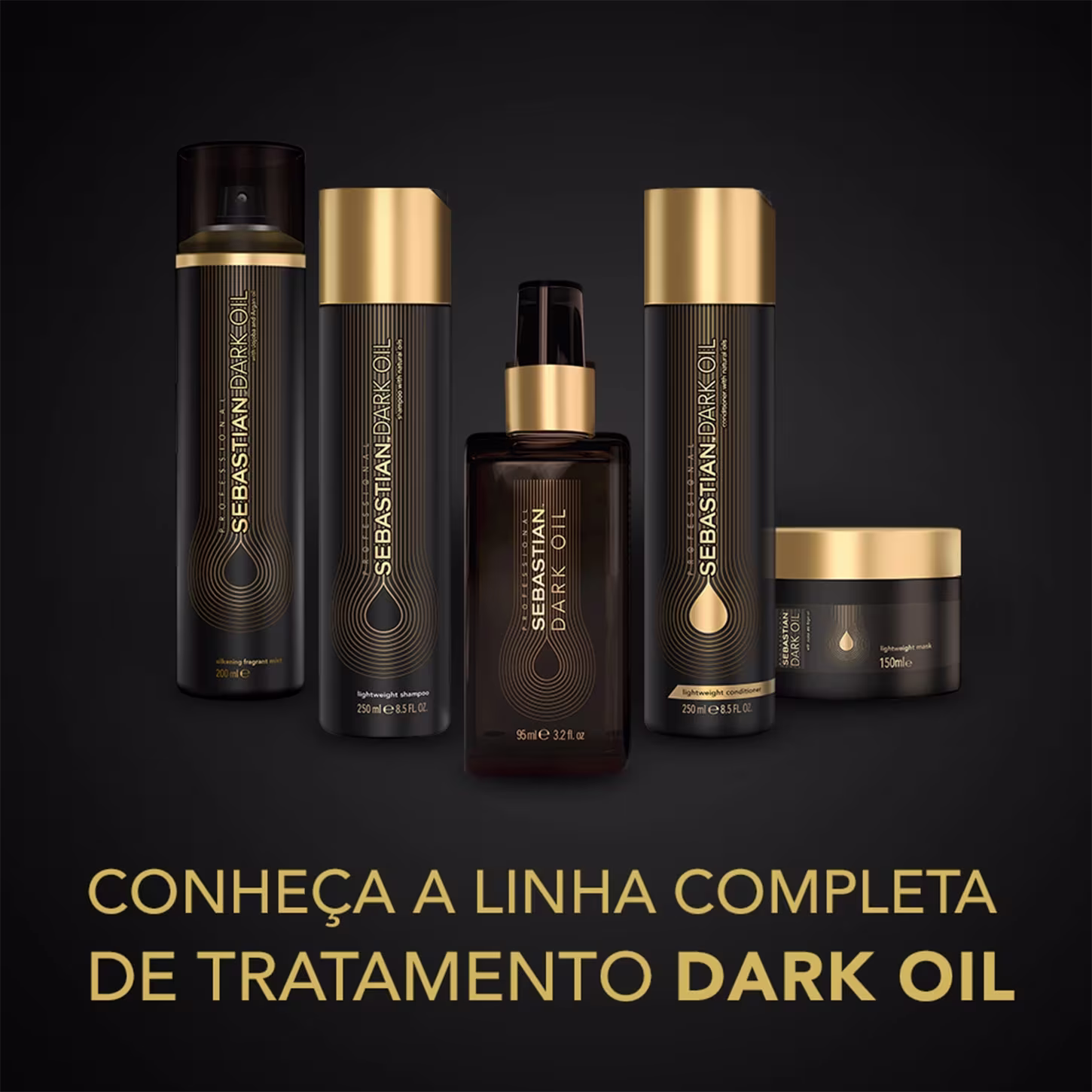A imagem apresenta uma linha completa de produtos de tratamento capilar da marca Sebastian Professional Dark Oil. Os produtos incluem shampoo, condicionador, óleo de tratamento, spray de brilho e máscara capilar.