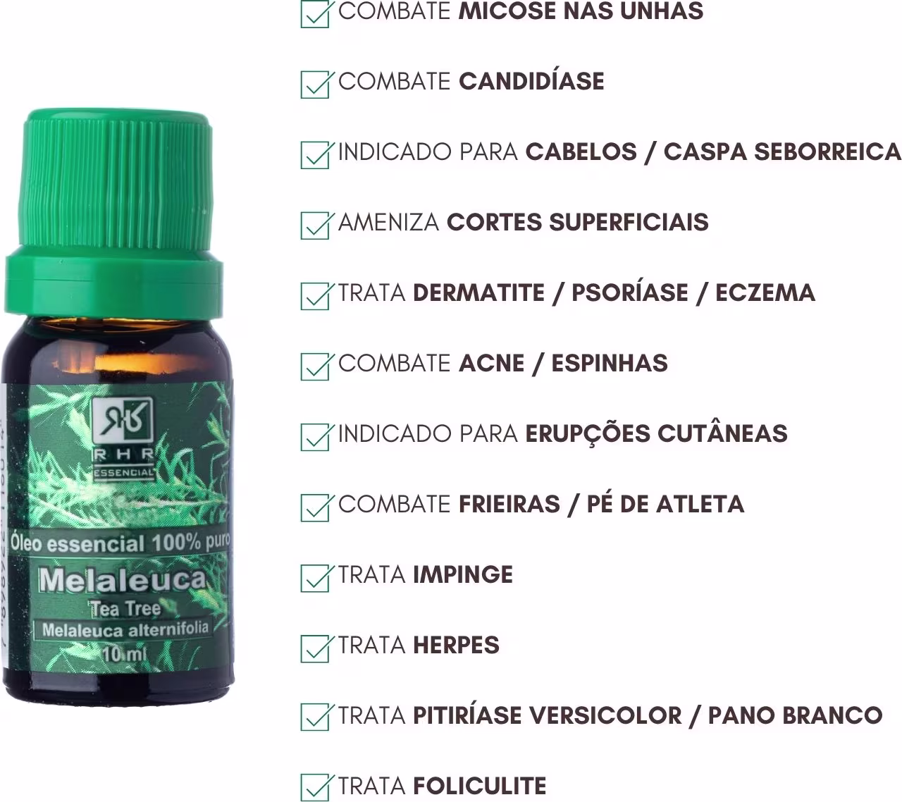 Óleo essencial de Melaleuca da RHR Cosméticos com instruções de uso e benefícios.
