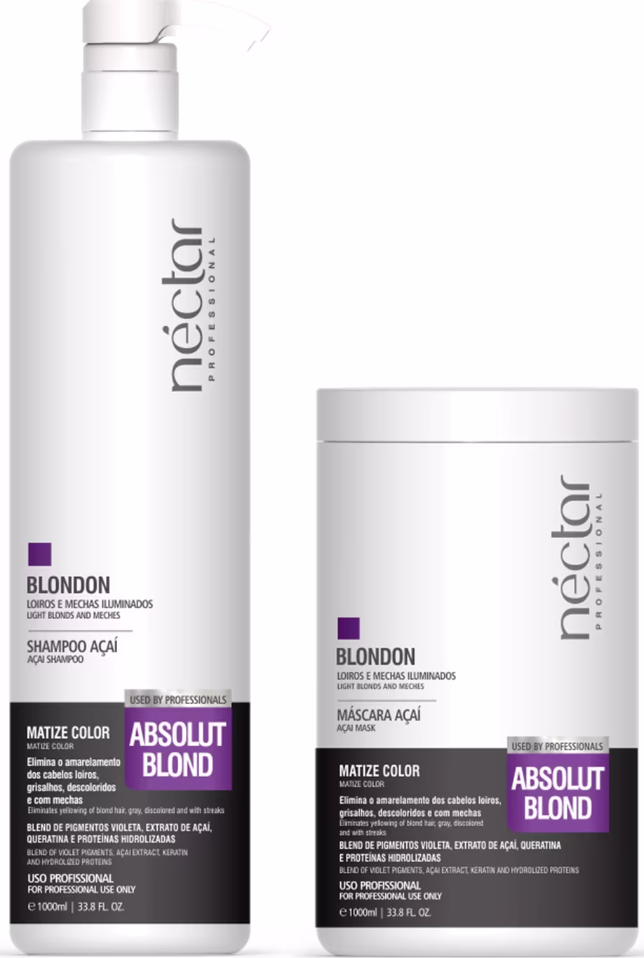 Produtos de cabelo Néctar do Brasil: Shampoo e máscara Blondon em embalagens brancas com detalhes em roxo, indicando tratamento para cabelos loiros e mechas iluminadas.