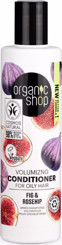 A imagem mostra o condicionador em embalagem plástica branca com tampa preta. Rótulo com imagens de figos.