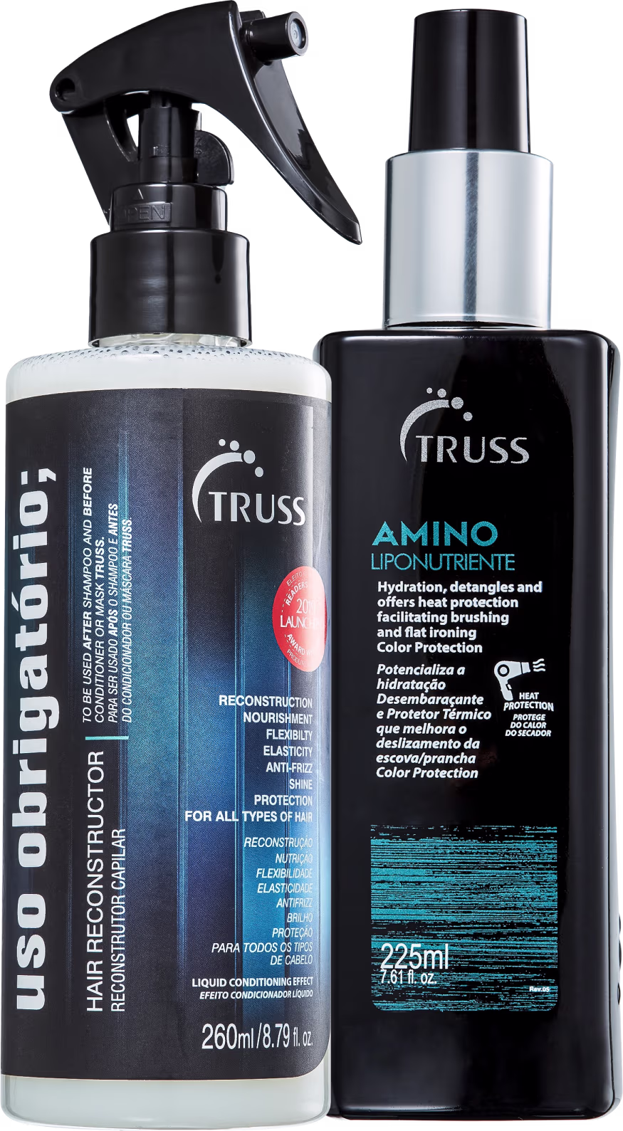 A imagem mostra dois produtos da marca Truss para tratamento capilar. O "Uso Obrigatório" tem formato de spray e vem em uma embalagem preta e azul que contém 260ml. O segundo é um protetor térmico com embalagem preta e detalhes em azul que contém 225ml.