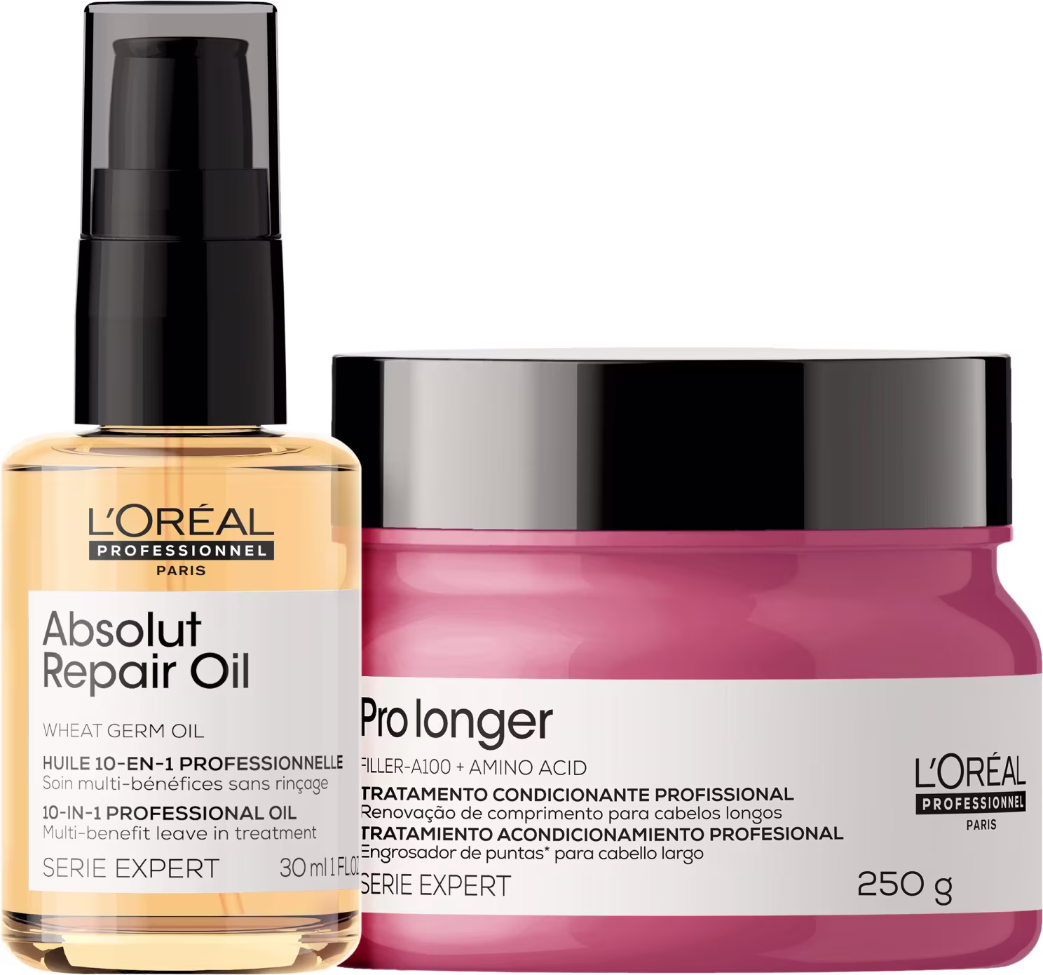 A imagem mostra um óleo capilar e uma máscara capilar. O óleo possui um frasco transparente de 30ml com aplicador spray e o líquido dourado. Já a máscara capilar vem em um pote de 250g rosa com a tampa preta.