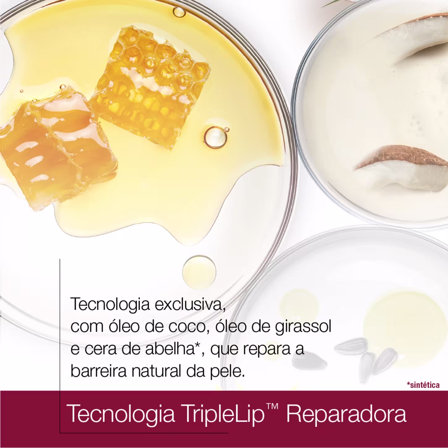 A imagem mostra um folheto de fundo branco com detalhes vermelho, uma imagem de favo de mel ao fundo e informações das tecnologias presentes em um dos produtos.