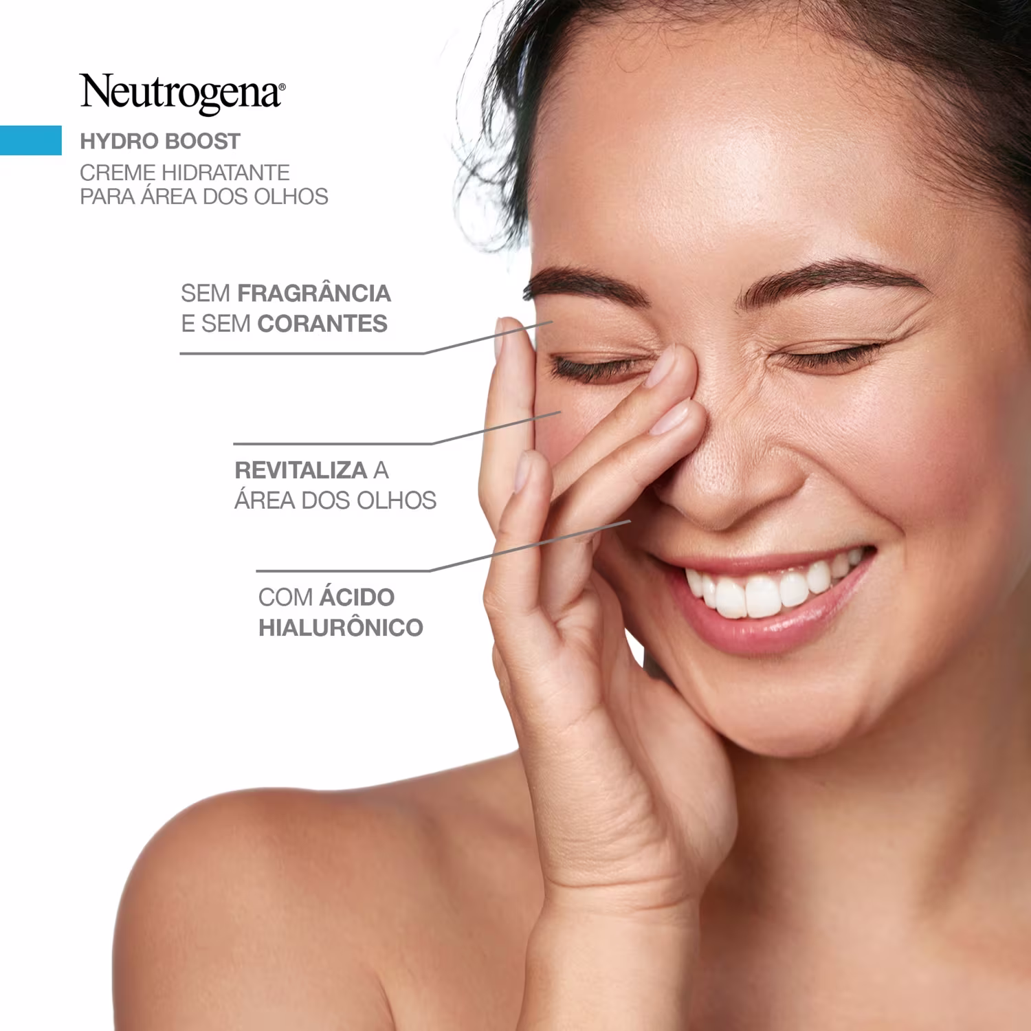 A imagem mostra uma mulher sorrindo, de olhos fechados, com uma das mãos no rosto e informações sobre o produto agindo na pele.