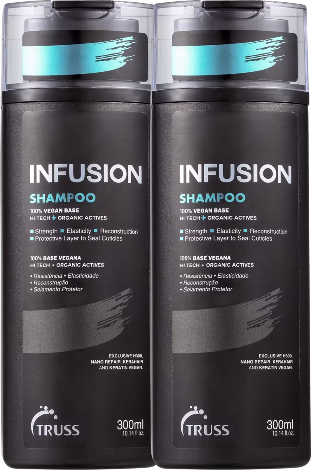 A imagem mostra um kit com 2 embalagens de produtos da marca TRUSS. São dois frascos grandes de shampoo, compridos, com fundo preto, nome da linha e tipo de produto acima, em destaque. No rodapé, a logo da marca.