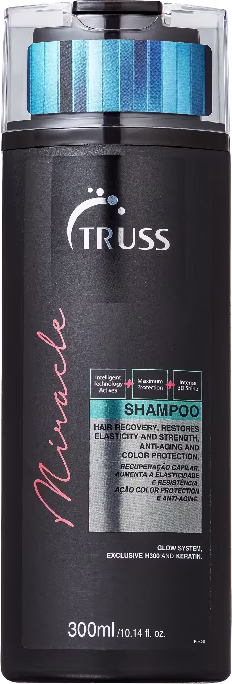 A imagem mostra um frasco de shampoo da marca Truss. É um produto de cuidados capilares chamado "Miracle". O frasco é preto com detalhes em rosa e apresenta um design moderno e elegante.
