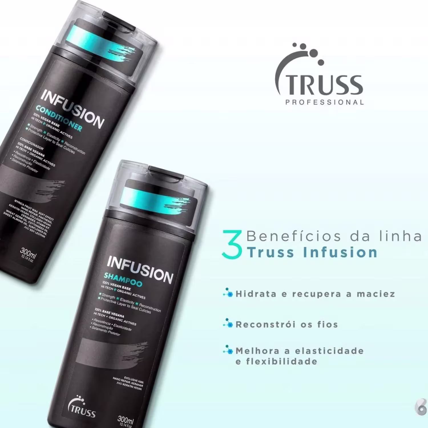 A imagem mostra dois produtos da linha Truss Infusion: um shampoo e um condicionador. 
Na imagem, é possível ver os 3 principais benefícios da linha: hidrata e recupera a maciez, reconstrói os cabelos danificados, e melhora a elasticidade e flexibilidade.