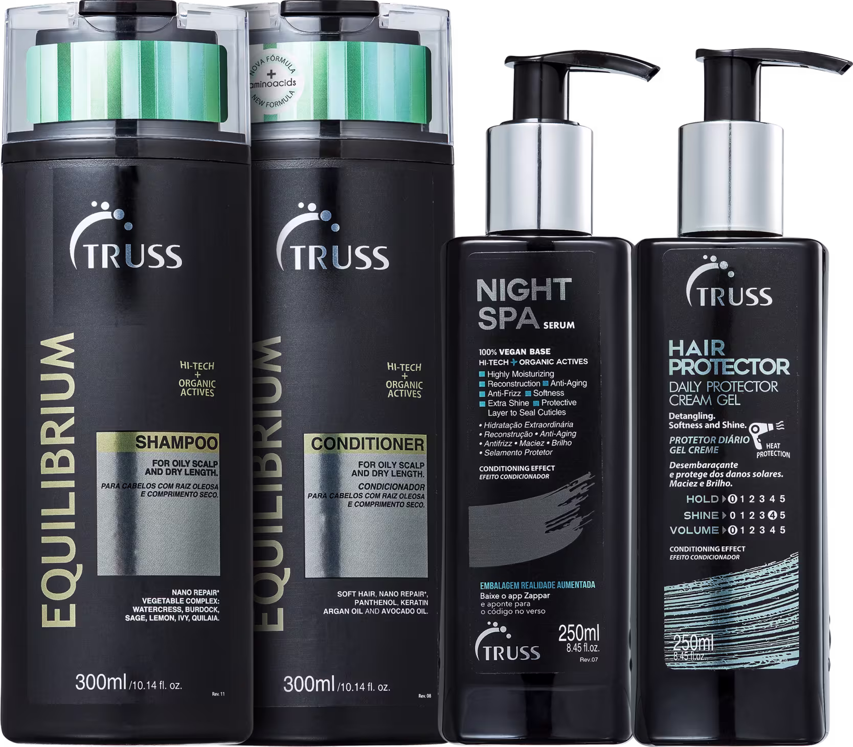 A imagem mostra produtos da Truss: São dois shampoos e um condicionador Equilibrium, um sérum de tratamento "Night SPA" e um protetor térmico "Hair Protector".