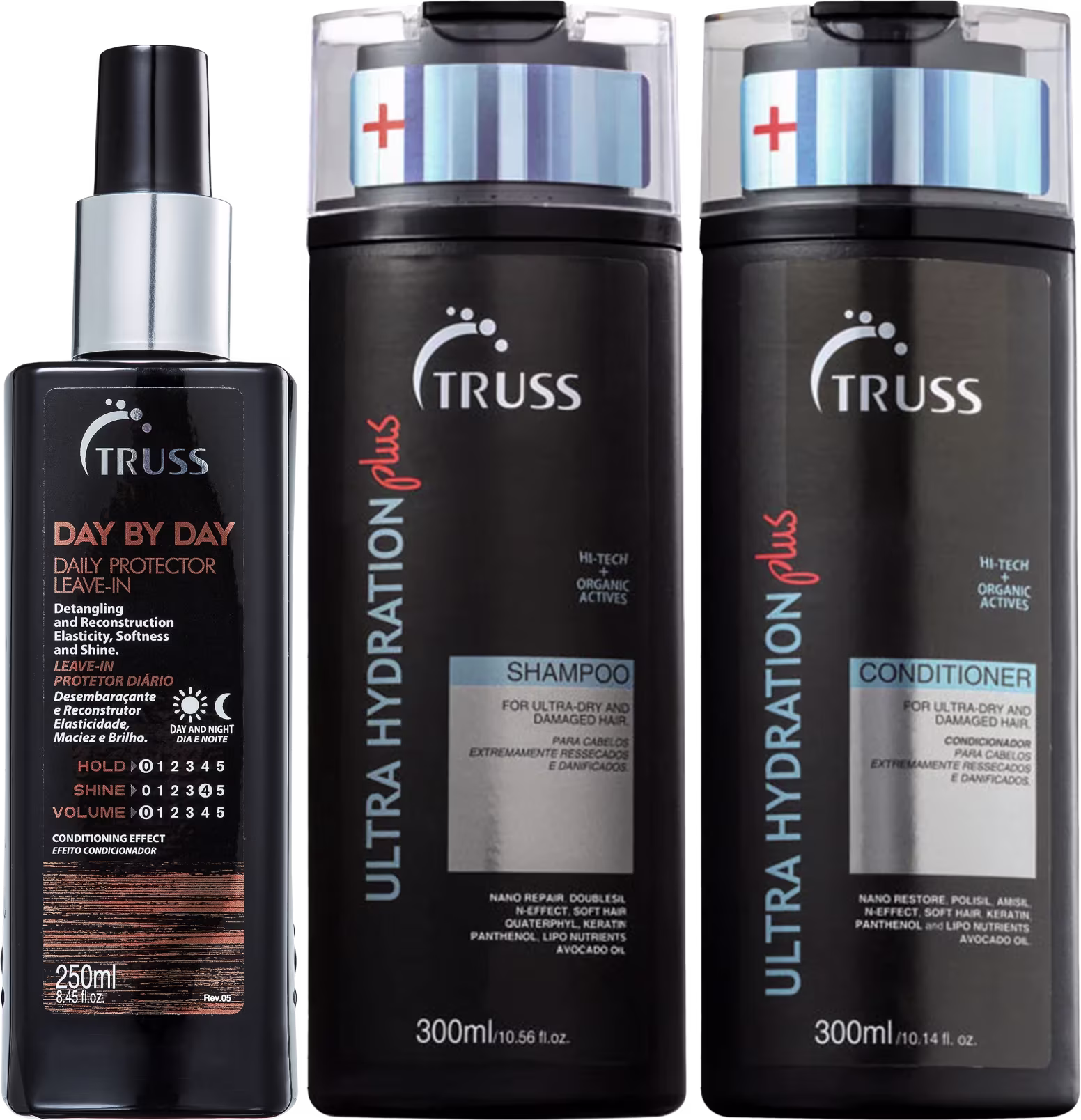 A imagem mostra uma linha de produtos para cabelos da marca Truss. São eles:
- Shampoo Ultra Hydration Plus
- Condicionador Ultra Hydration Plus
- Leave-in Day By Day