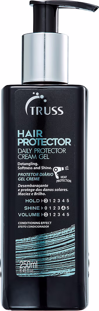 A imagem mostra um produto para cabelos da marca Truss, o "Hair Protector". O frasco é preto com detalhes em prata e possui uma bomba dosadora na parte superior, apresentando 250ml.