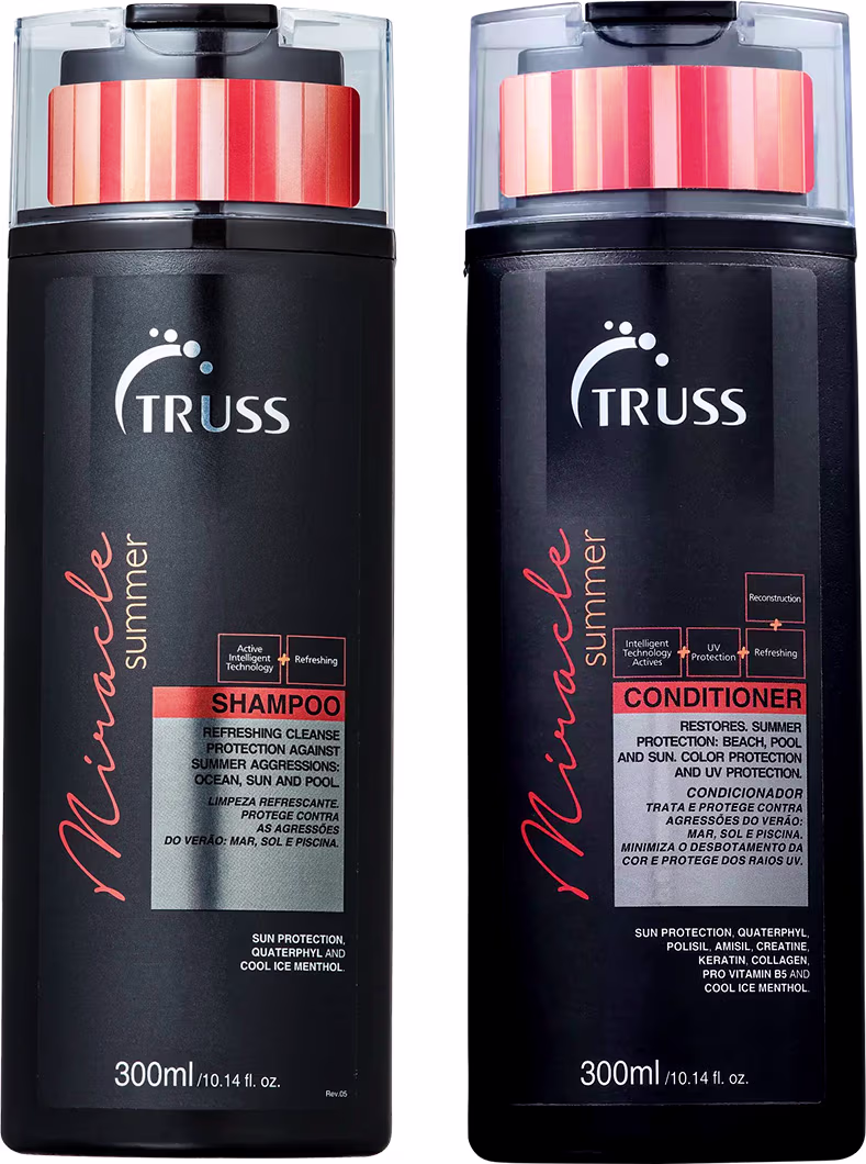 A imagem mostra dois produtos da marca Truss para cabelos: um shampoo e um condicionador da linha Miracle Summer. Ambos vêm em frascos pretos de 300ml com detalhes em laranja e branco.