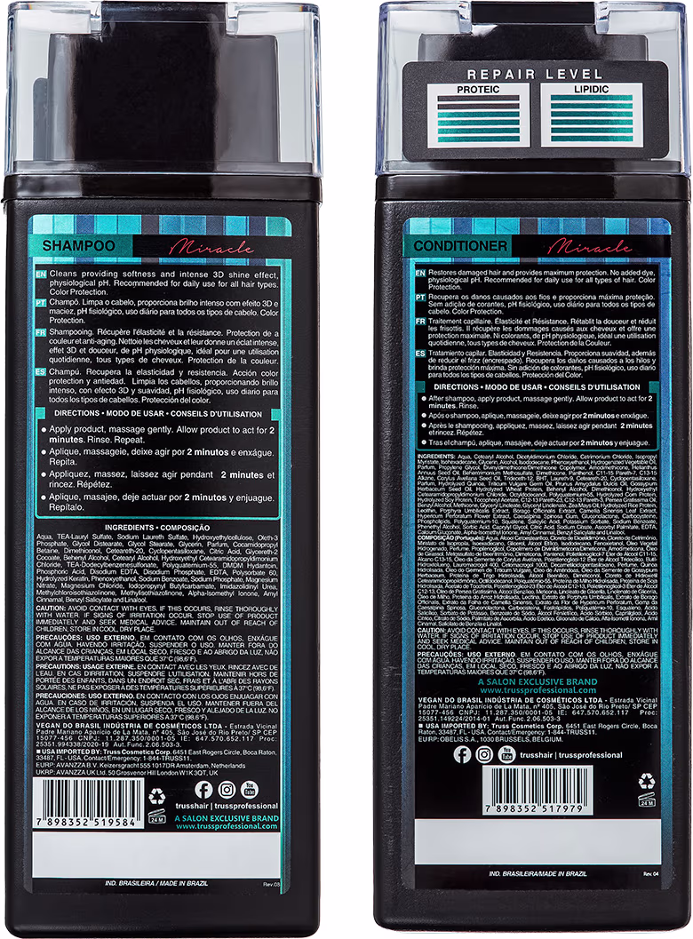 A imagem mostra a parte de trás das embalagens do Shampoo e Condicionador Miracle, da marca TRUSS. Os frascos são pretos com detalhes em azul e informações sobre os produtos, como ingredientes e instruções de uso.