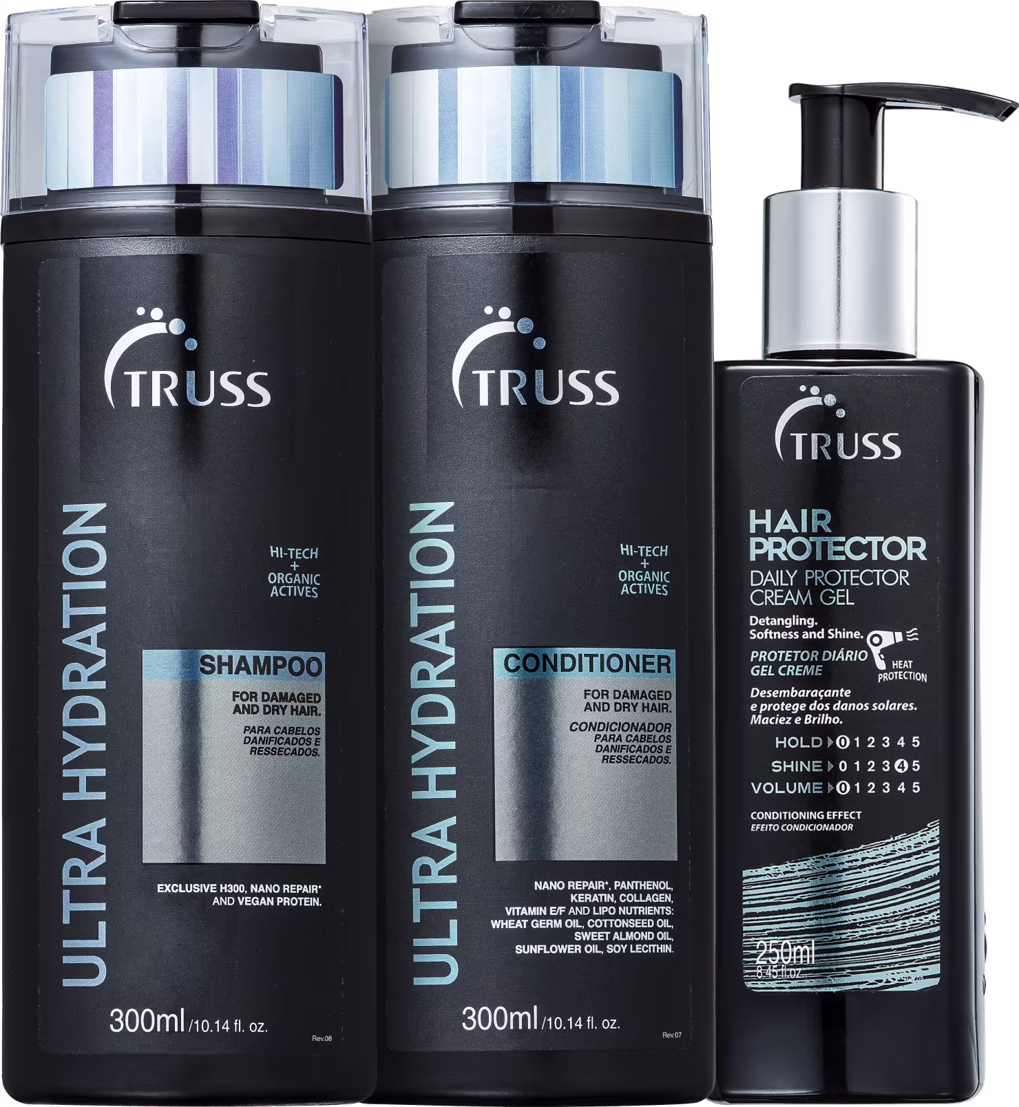 A imagem mostra Shampoo e Condicionador Ultra Hydration 300ml e o leave-in Hair Protector 250ml, da marca TRUSS. Os frascos são pretos com detalhes em azul e prata.