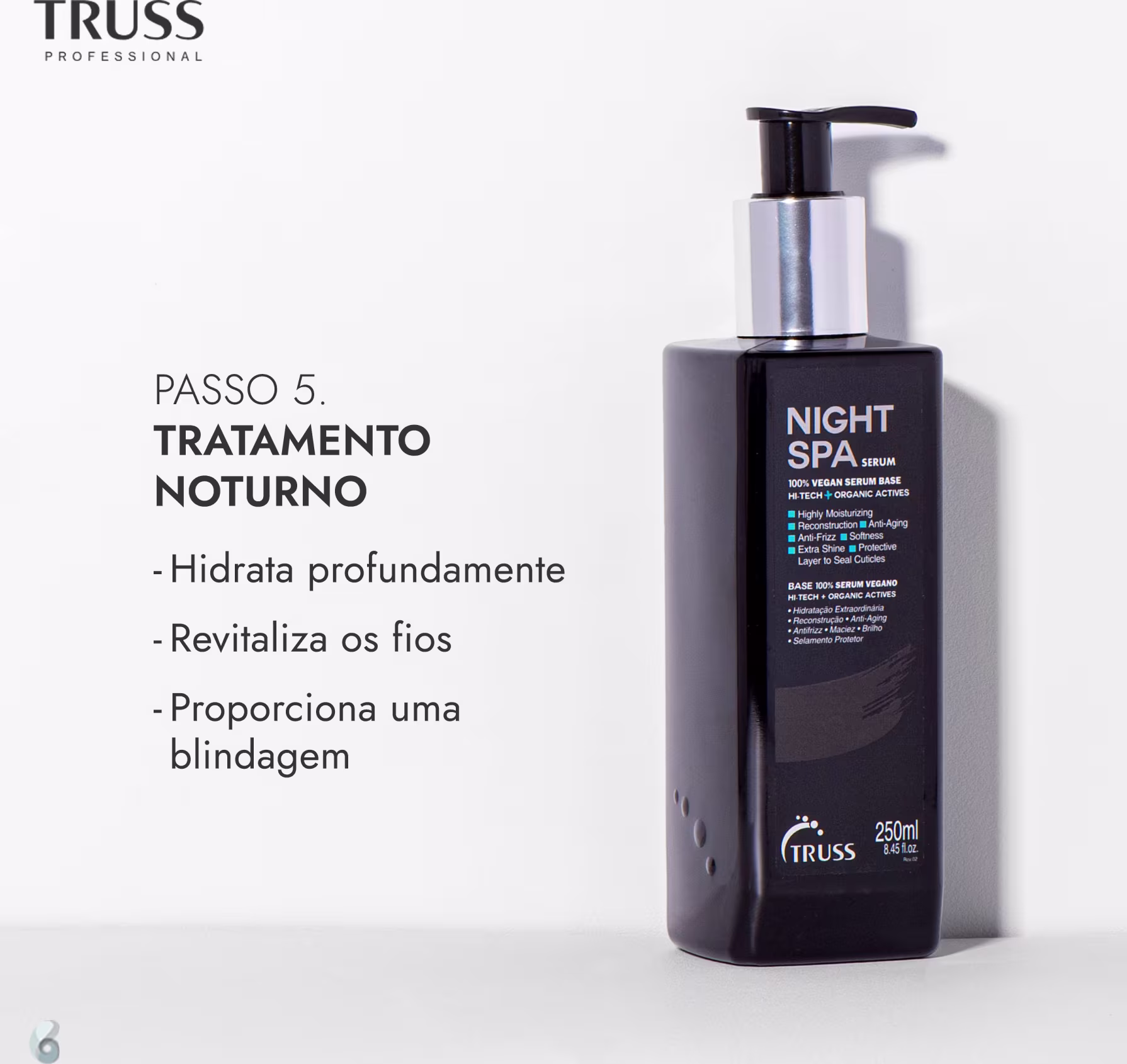 A imagem mostra o produto Night Spa, da marca TRUSS, frasco plástico de 250ml na cor preta com detalhes prateados. Ao lado um texto destaca os benefícios: Tratamento Noturno - Hidrata profundamente; revitaliza os fios; e proporciona uma blindagem.