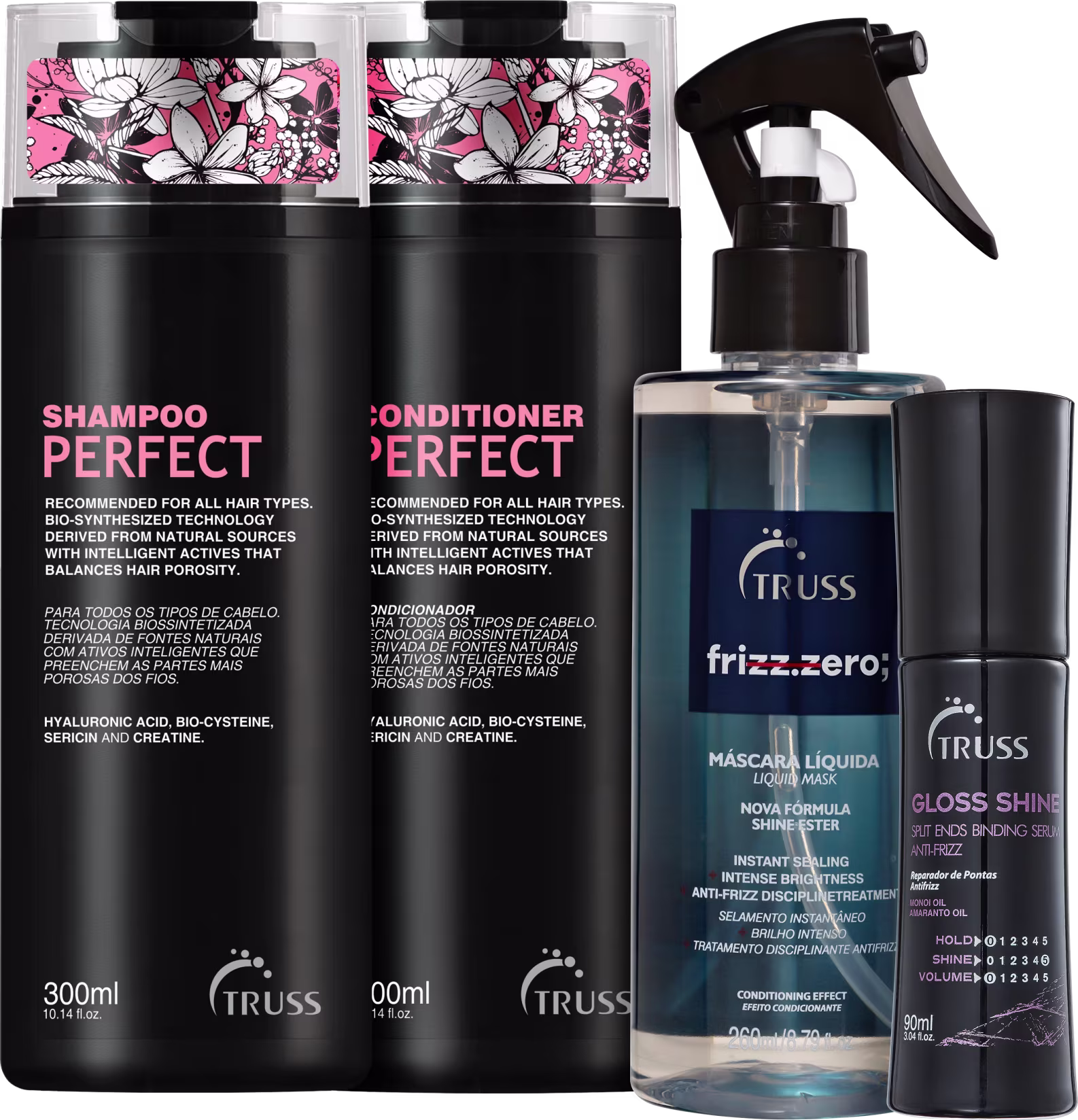 A imagem mostra 4 produtos TRUSS lado a lado. Temos o shampoo e condicionador Perfect, com embalagem preta e letras em rosa e branco; e Frizz Zero de embalagem spray com tampa preta e rótulo azul, e Gloss Shine de frasco preto com letras lilás.