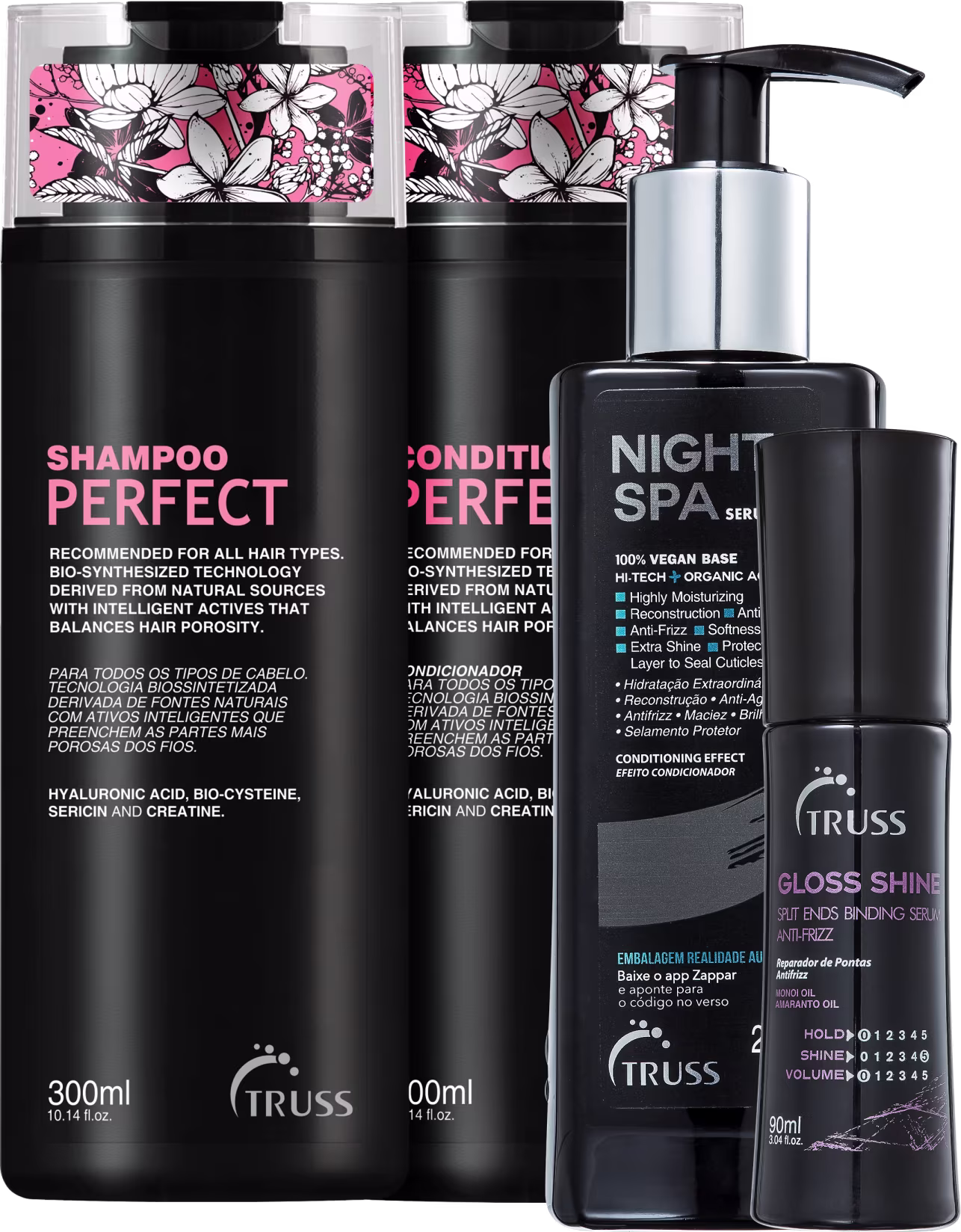 A imagem mostra 4 produtos TRUSS lado a lado. Temos o shampoo e condicionador Perfect, com embalagem preta e letras em rosa e branco; e Night Spa de embalagem pump preta com letras brancas e detalhes azuis, e Gloss Shine de frasco preto com letras lilás.
